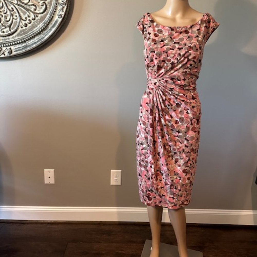 CONNECTED APPAREL PINK AND BROWN FAUX WRAP A-LINE DRESS